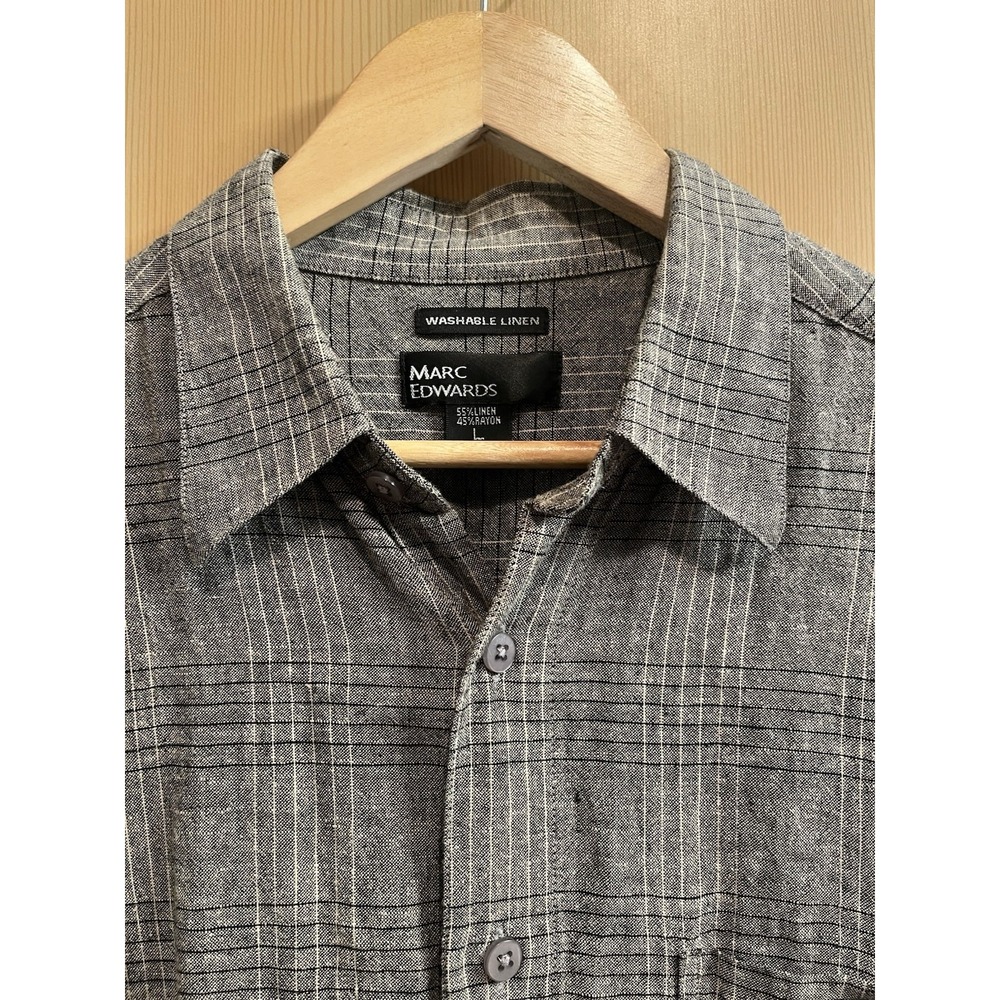 Marc Edwards Button Down Shirt Mens Large Grey Linen Blend Grid Short Sleeve - Picture 6 of 8